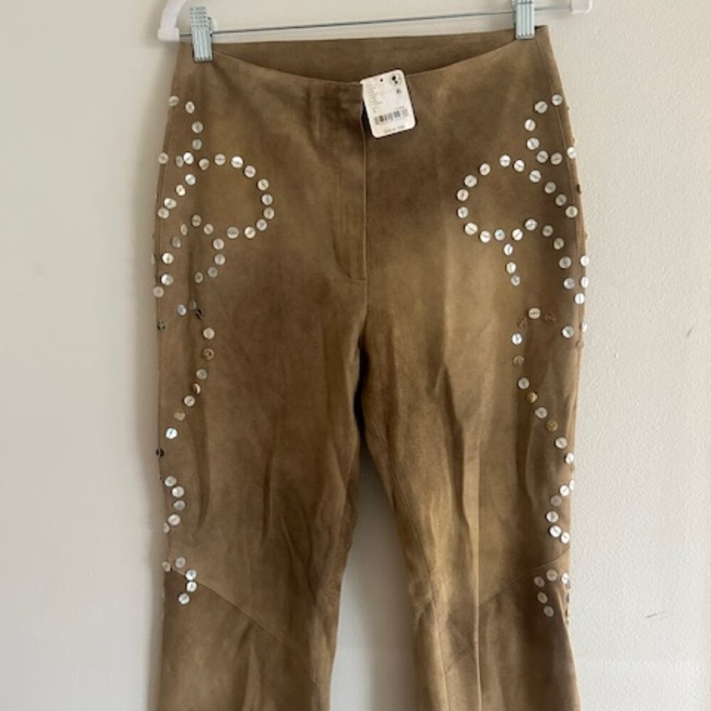 Free People Nigel Preston Ranch Tan Soft Suede Sequin Flare Festival Pants NWT S